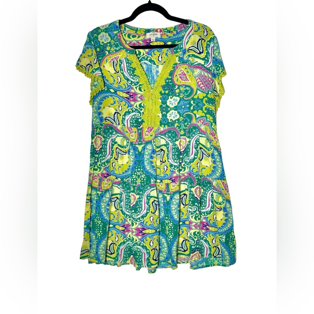 Umgee Vibrant Paisley Dress w/ Pockets & Embroidered Lace Sleeves & V-Neckline L - Picture 4 of 14